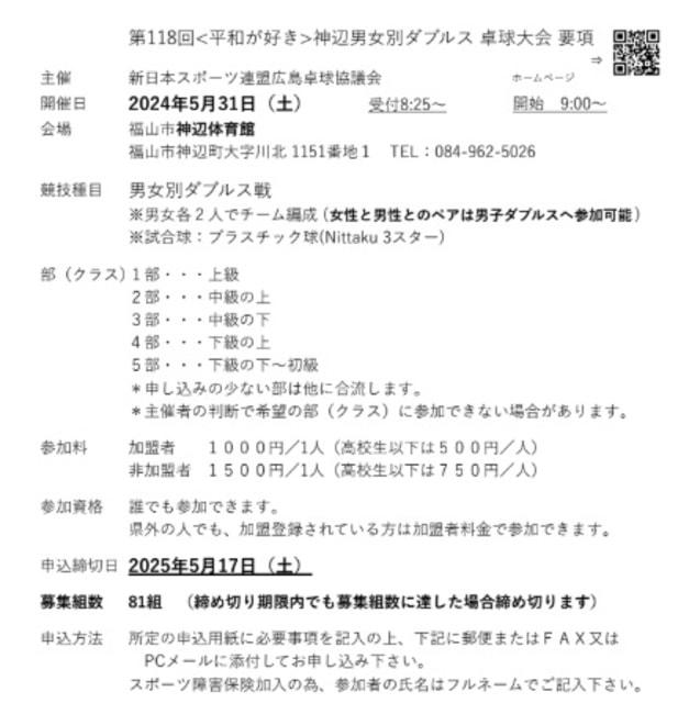 第118回 平和が好き 神辺男女別ダブルス卓球大会
