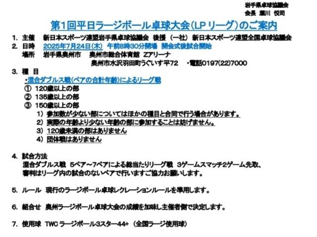 第1回平日ラージボール卓球大会（LPリーグ）
